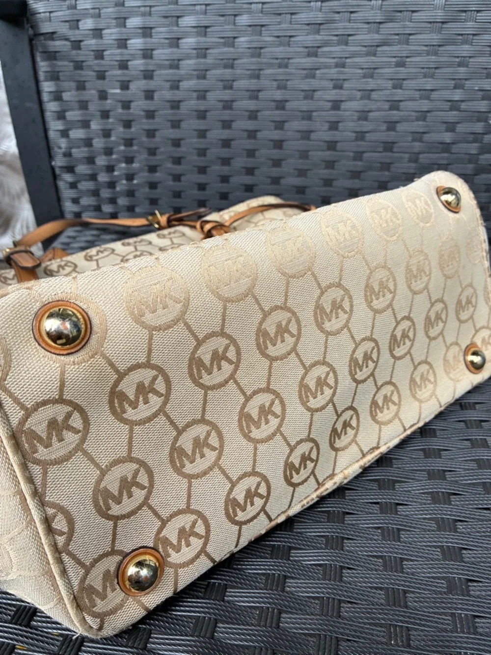 Michael Kors Tan Beige MK Logo Canvas Tote with Leather Straps